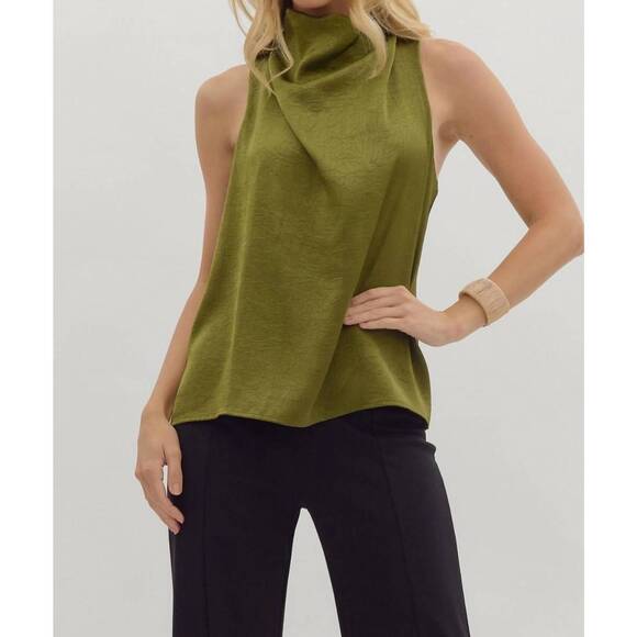 ENTRO Tops - NEW ENTRO sleeveless satin mock neck top in olive